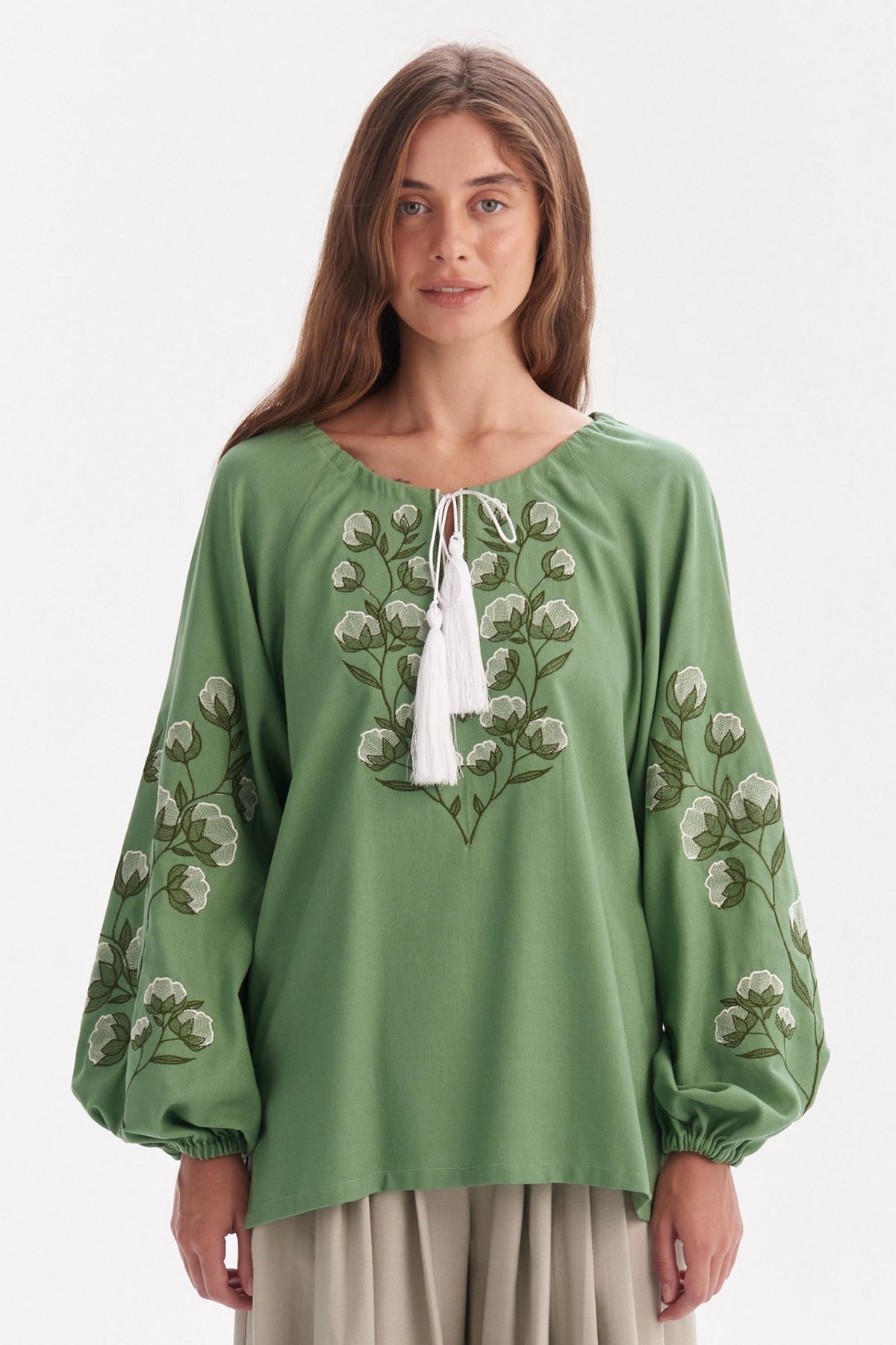 Vivi Green Linen Embroidered Shirt — LA's Nine Ninety