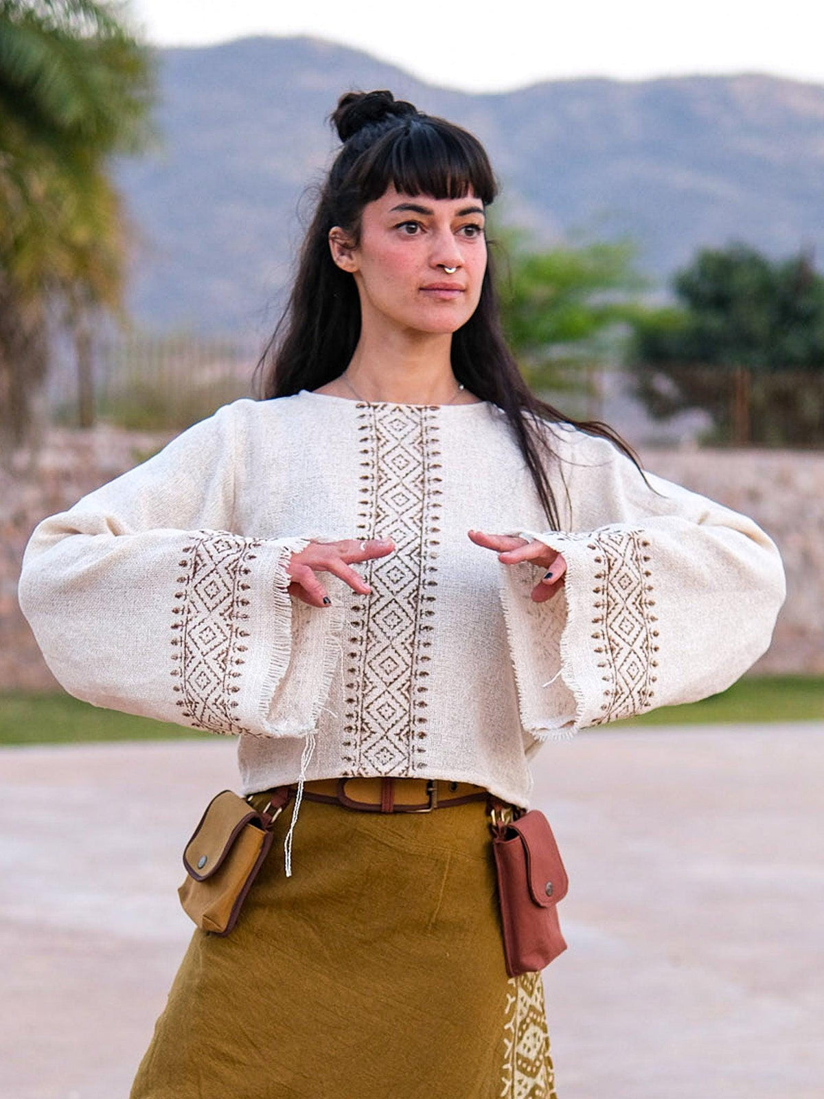 Fleur Block-Print Cotton Embroidered Top — LA's Nine Ninety