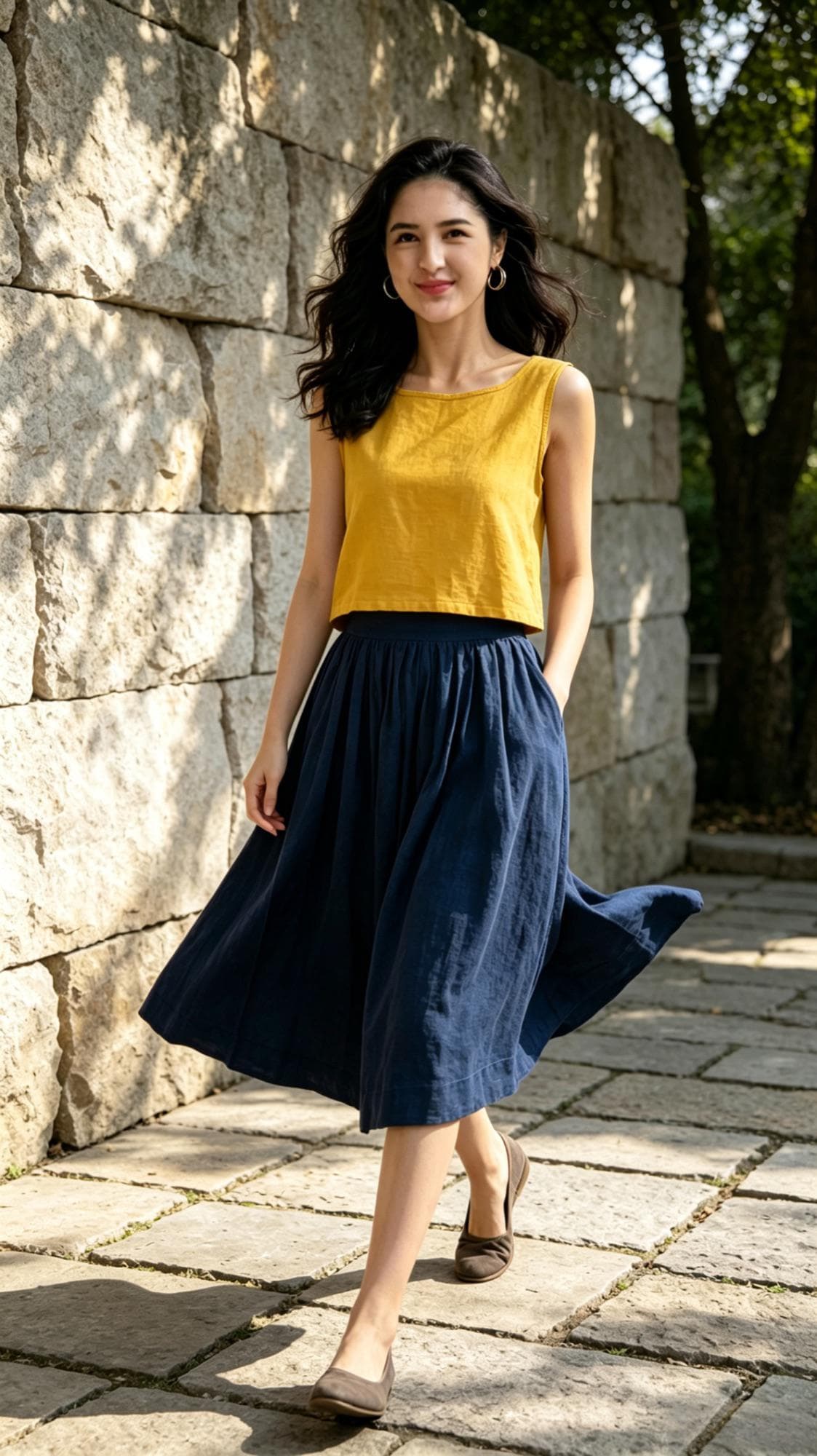 Opal Navy Linen High-Waist Midi Skirt — view 6