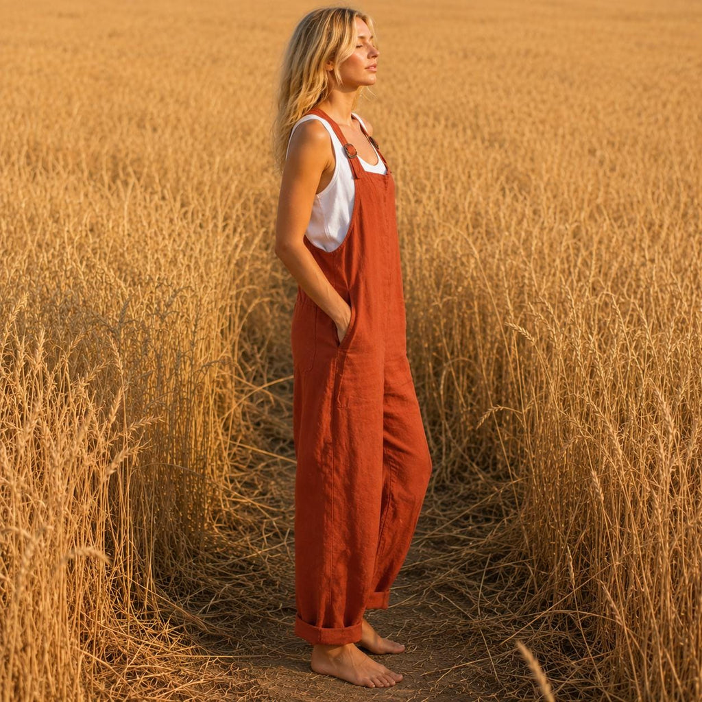 Lena Orange Linen Wide-Leg Overalls — view 2