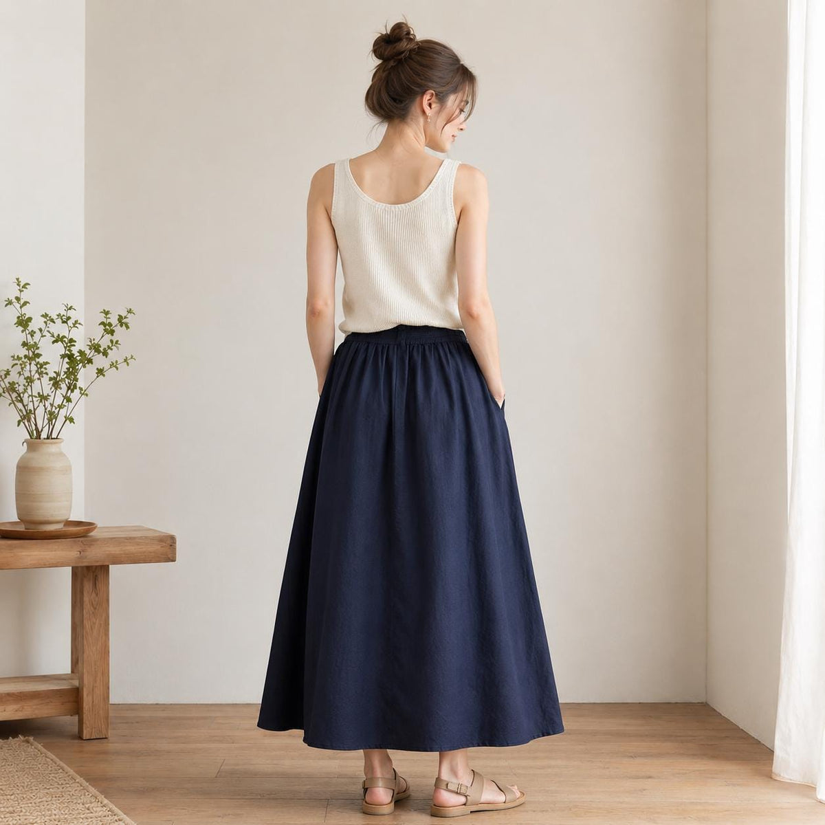 Wren Navy Linen Drawstring Maxi Skirt — view 5