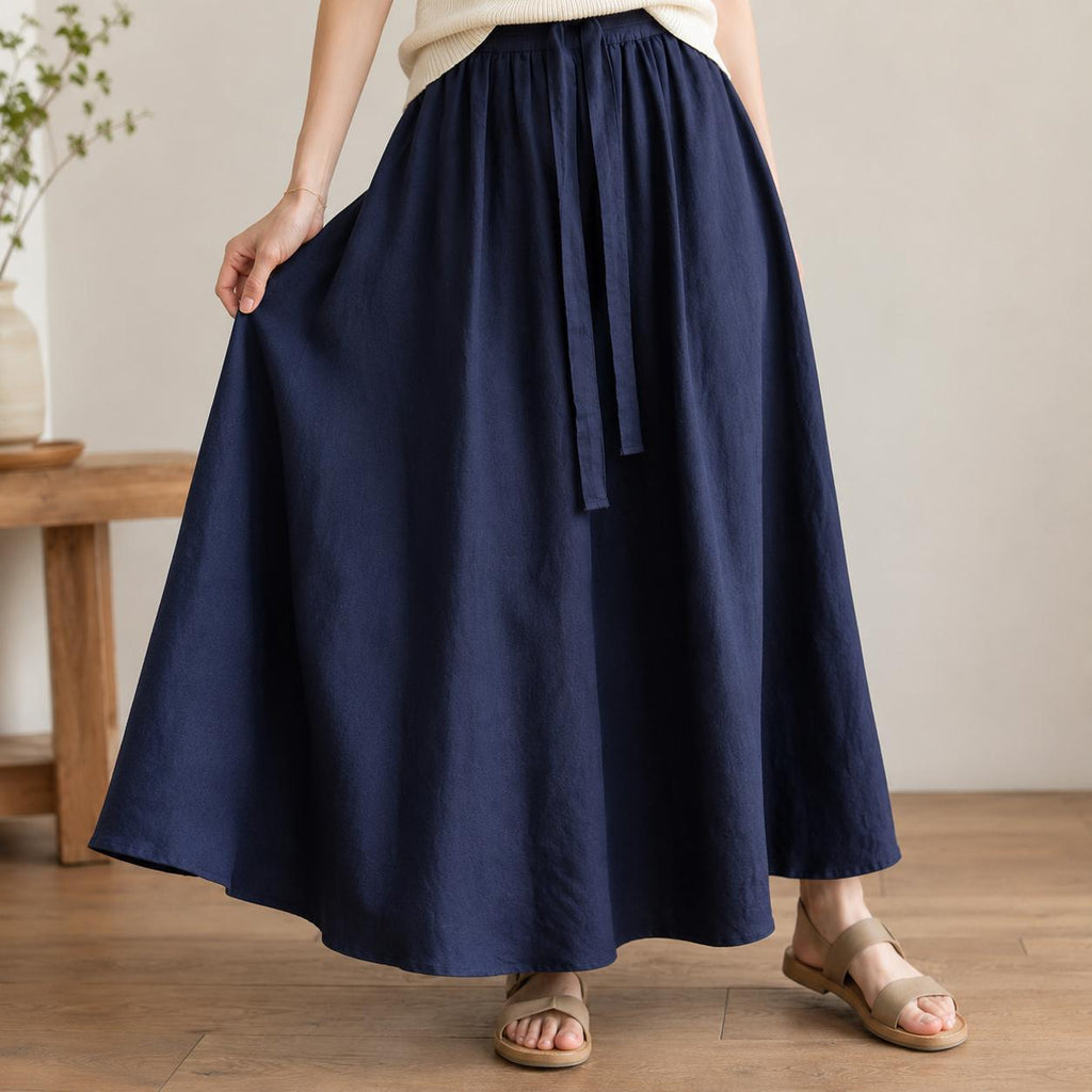 Wren Navy Linen Drawstring Maxi Skirt — view 3
