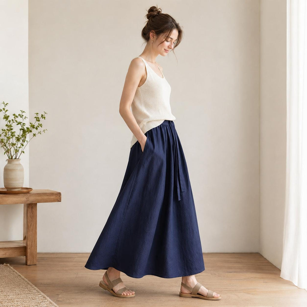 Wren Navy Linen Drawstring Maxi Skirt — view 6