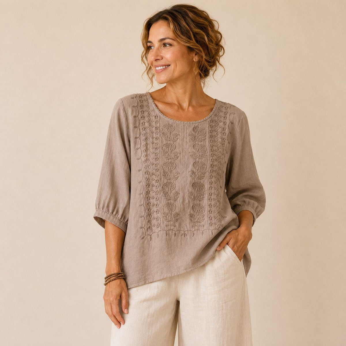 Zoe Beige Linen Tunic Top — view 2