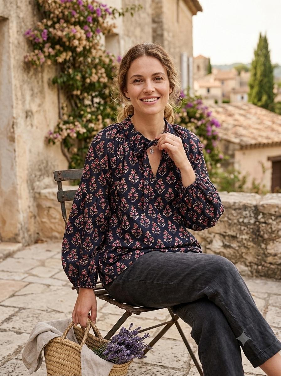 Liv Block-Print Cotton Tunic Top — view 5