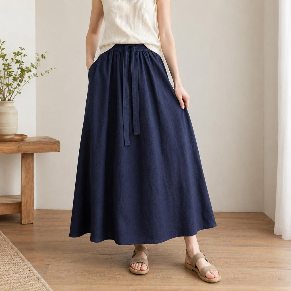 Wren Navy Linen Drawstring Maxi Skirt — view 2