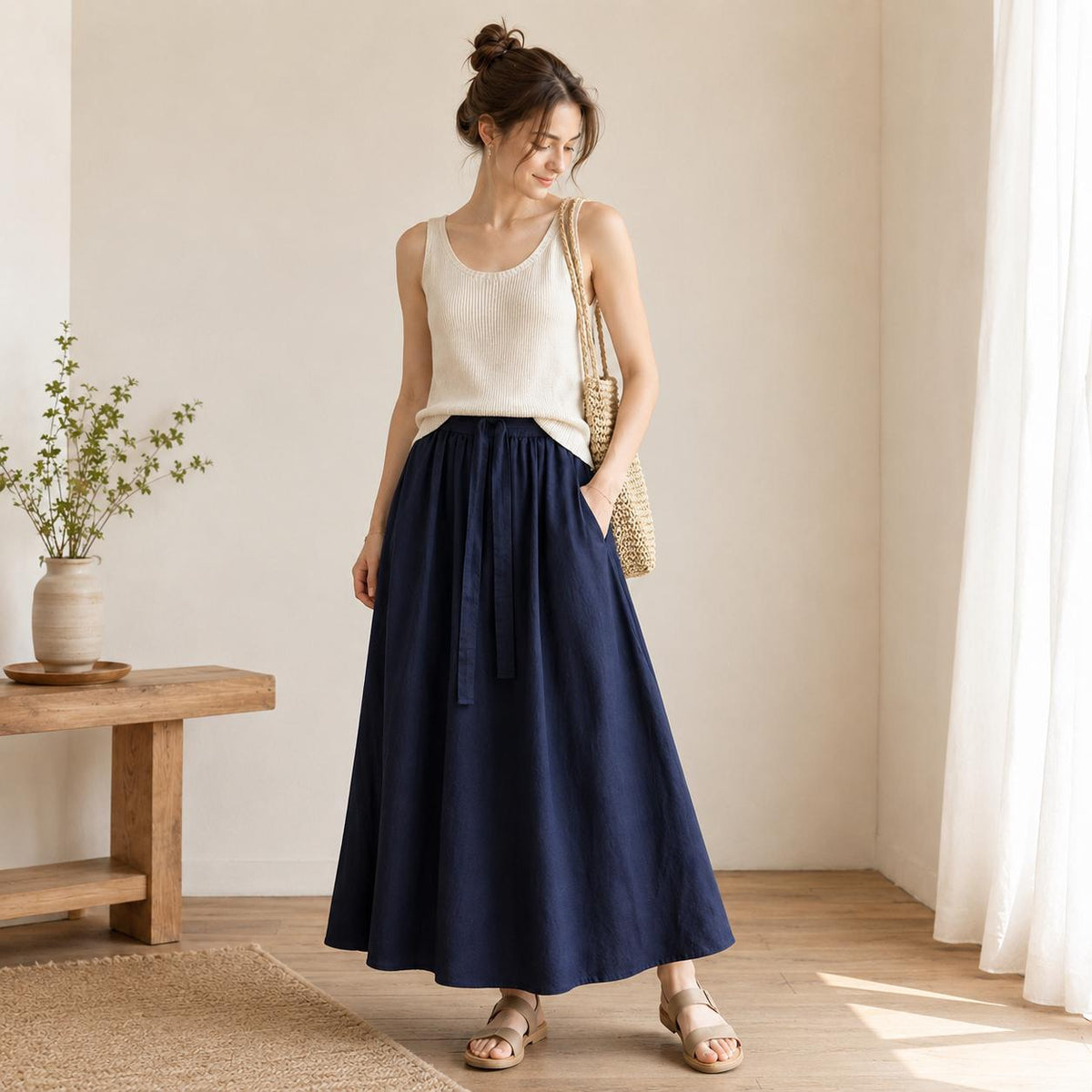 Wren Navy Linen Drawstring Maxi Skirt — LA's Nine Ninety