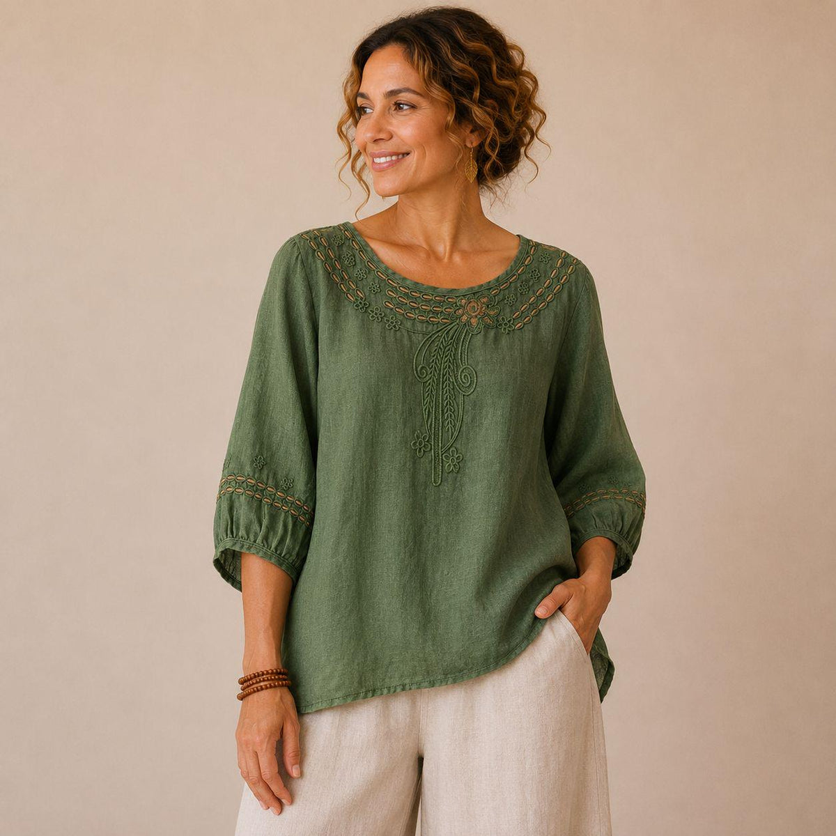 Zoe Beige Linen Tunic Top — view 3