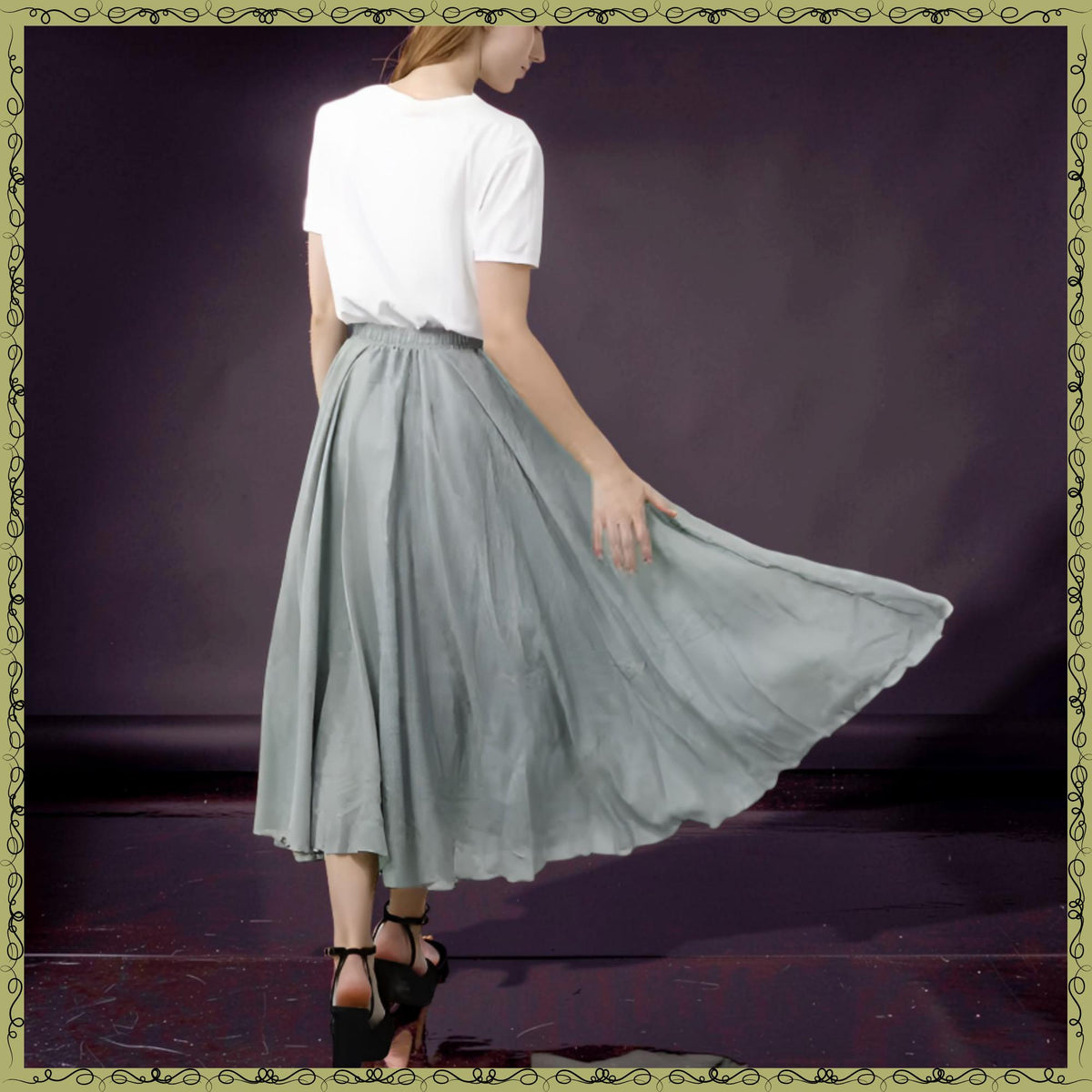 Poppy Green Linen Pleated Maxi Skirt — view 3