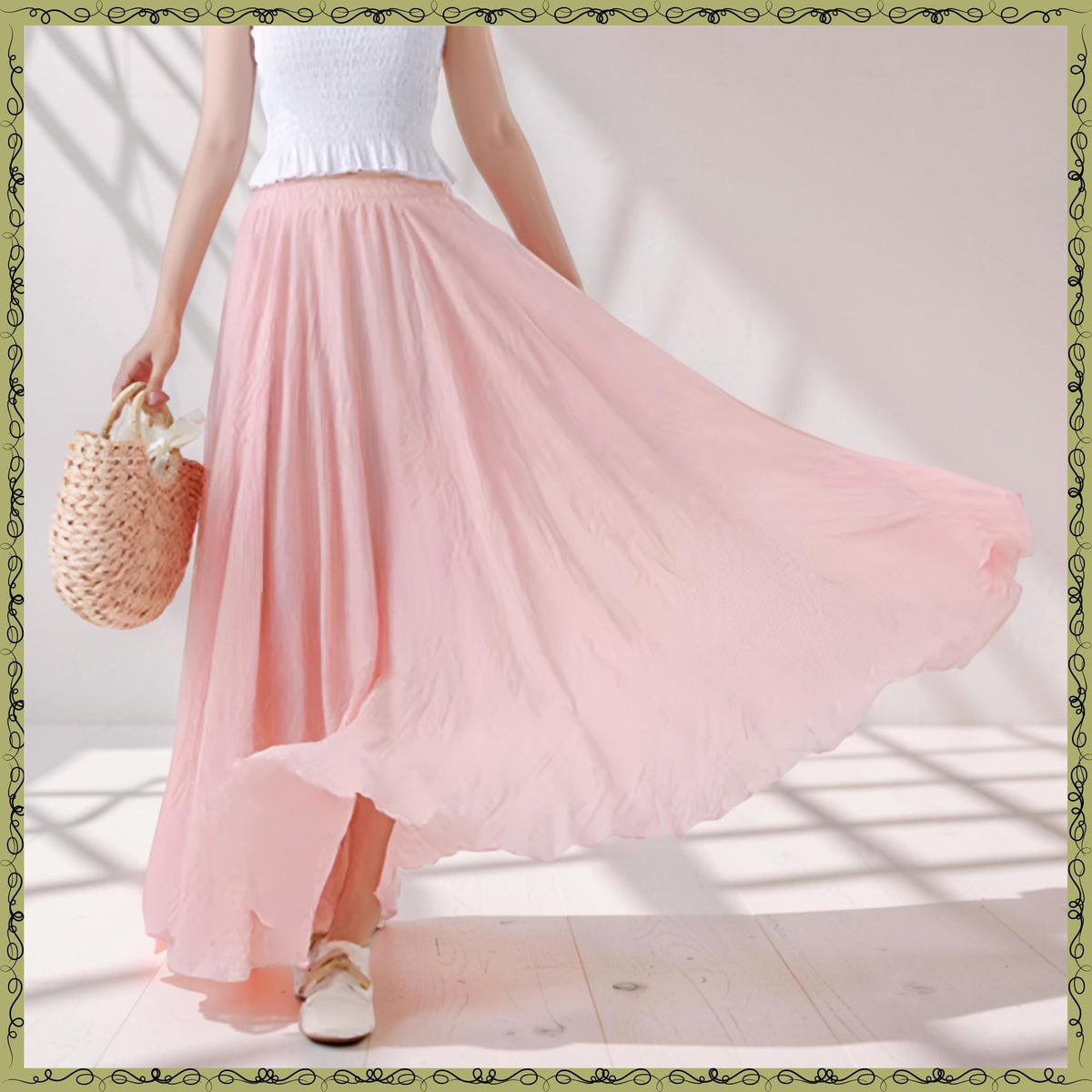Poppy Green Linen Pleated Maxi Skirt — view 4
