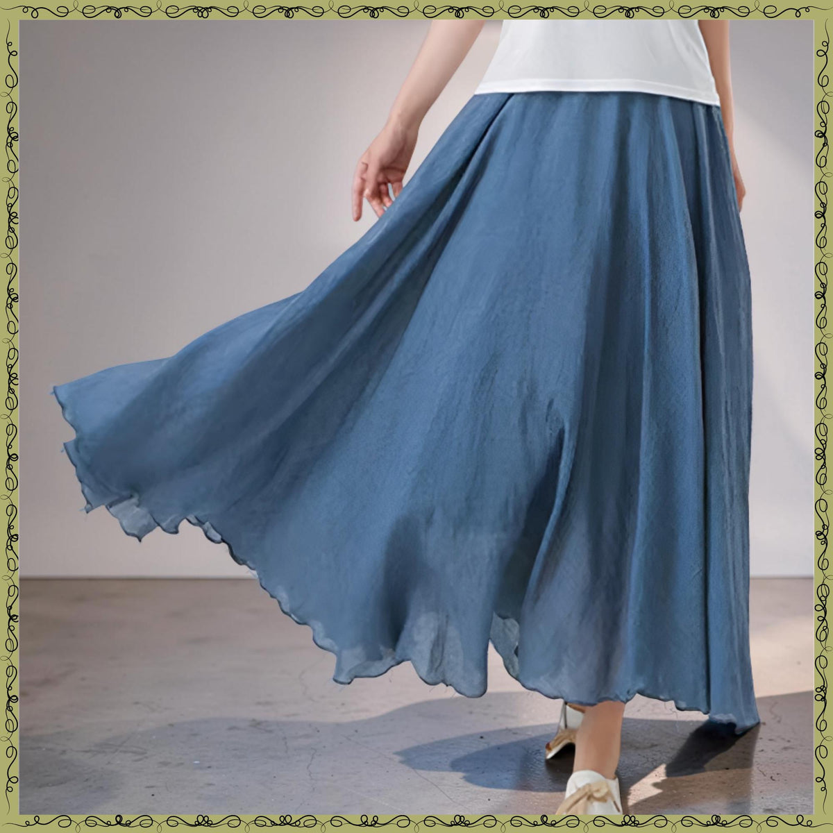 Poppy Green Linen Pleated Maxi Skirt — view 5