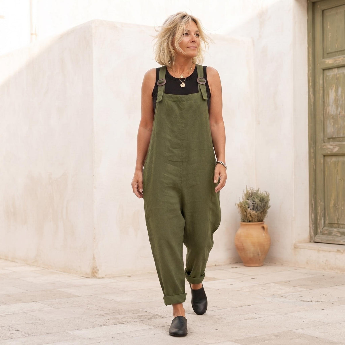 Remy Olive Linen Overalls — view 3