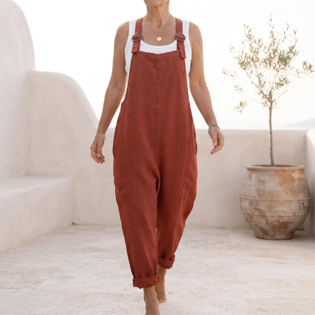 Remy Olive Linen Overalls — view 2