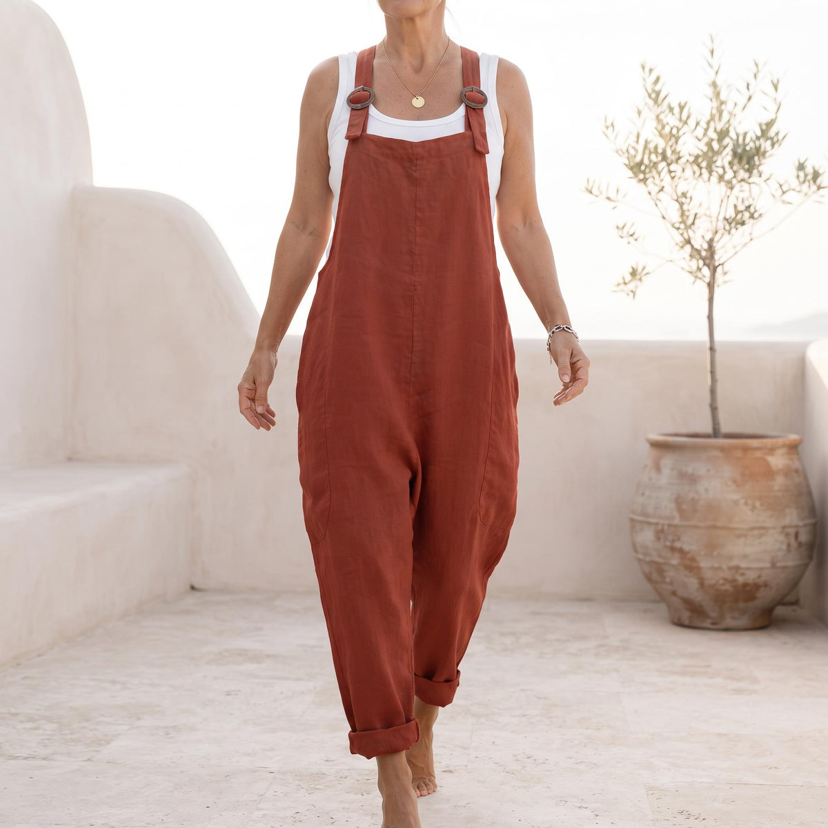 Remy Olive Linen Overalls — view 2