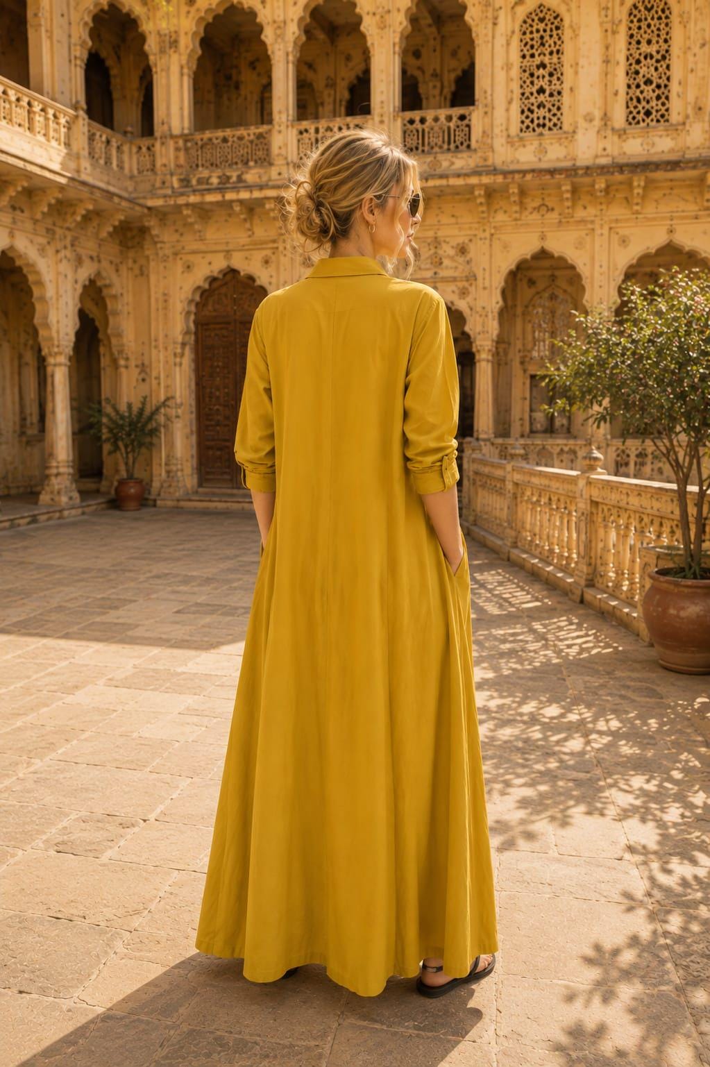 Ines Mustard Linen Shirt Maxi Dress — view 3