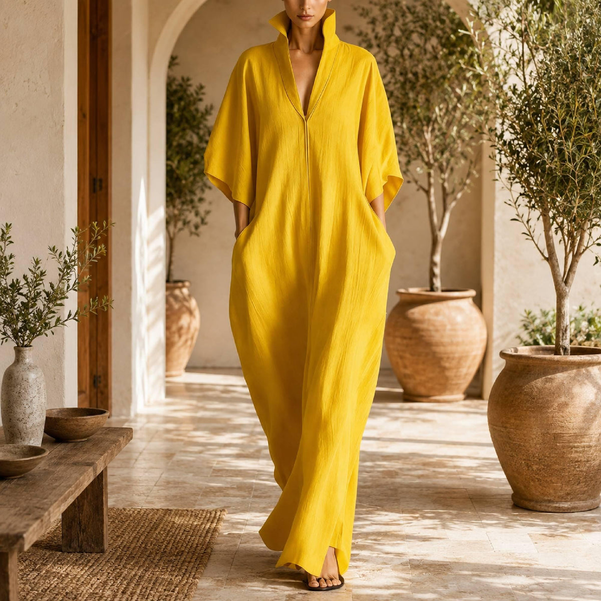 Kenna Yellow Kaftan Maxi Dress — LA's Nine Ninety