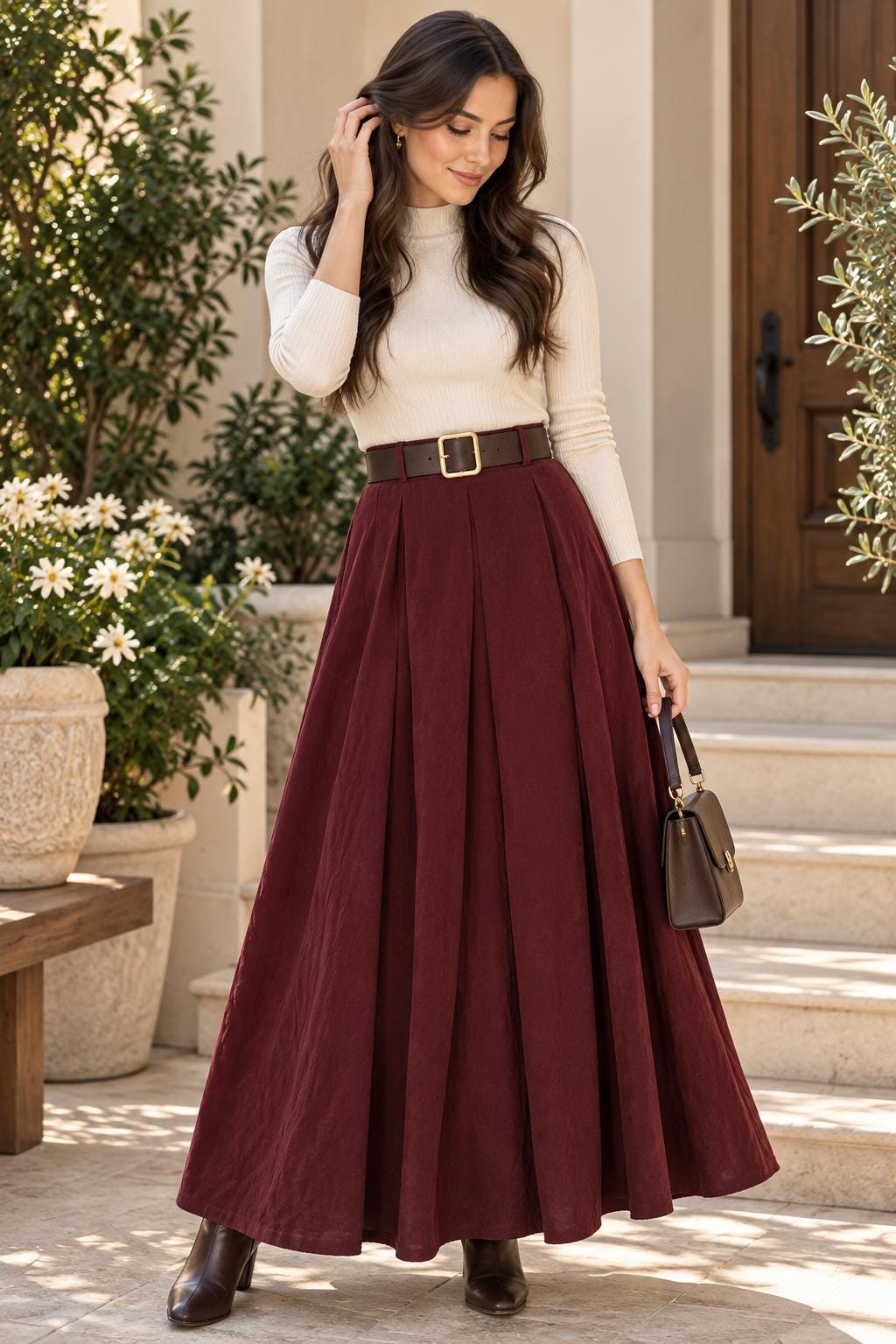 Hattie Burgundy Cotton A-Line Maxi Skirt — view 4
