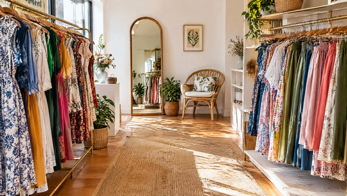 Cheerful small boutique with rails of colorful dresses and skirts