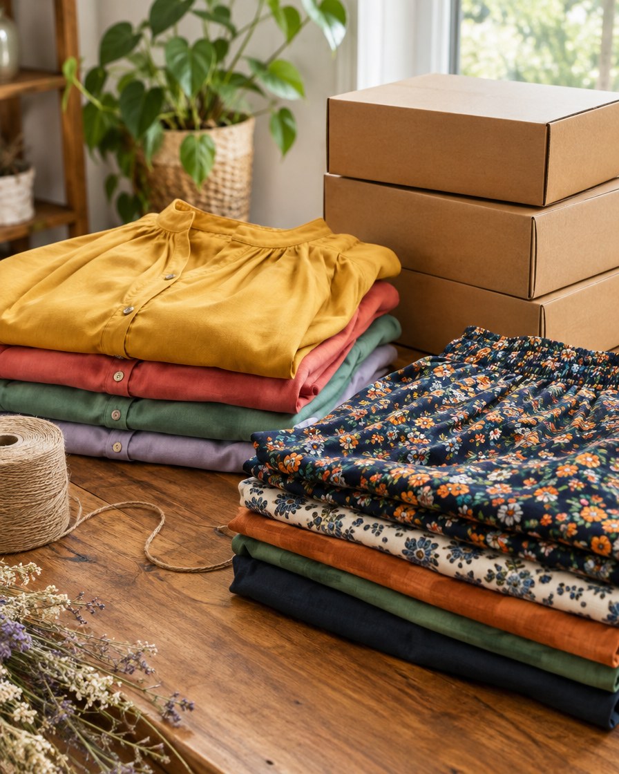 Folded colorful blouses ready to ship