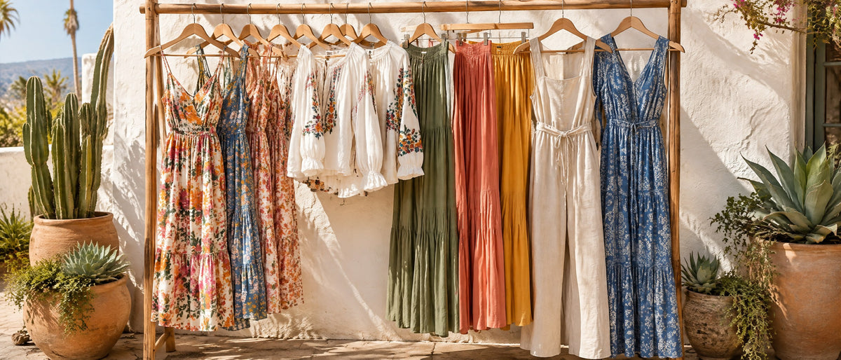 Rail of colorful women's dresses, blouses and skirts at L A's Nothing Over Nine Ninety